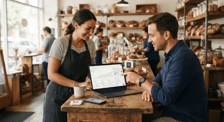 Digital marketing agency consultant showing a small bakery owner her online growth dashboard on a laptop